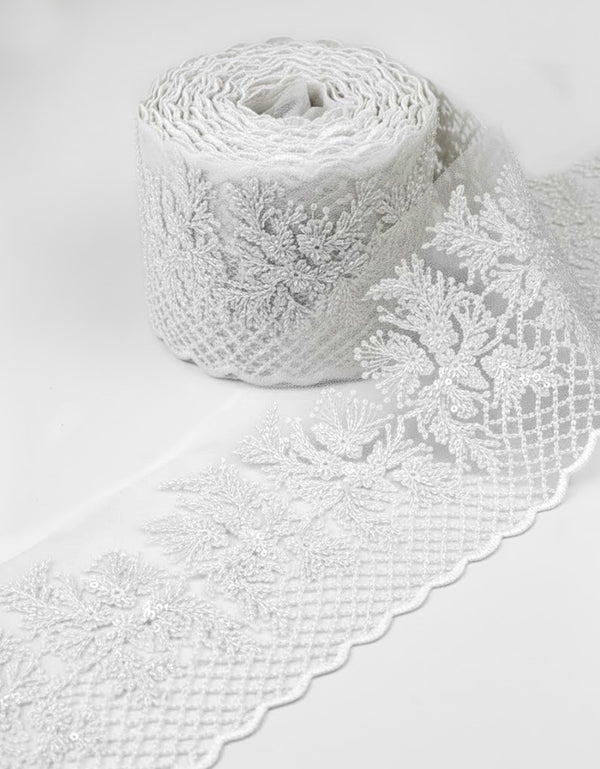 Aurora Blossom Beaded Border Lace - (Off White)